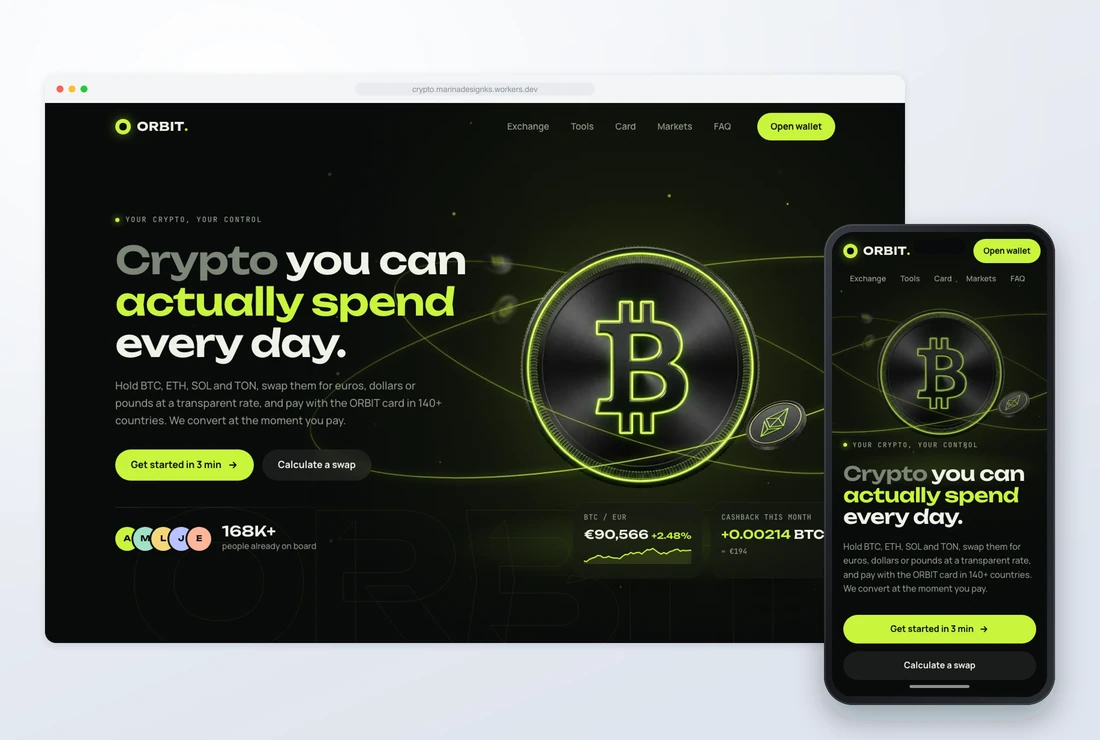 ORBIT crypto wallet and spend card landing page