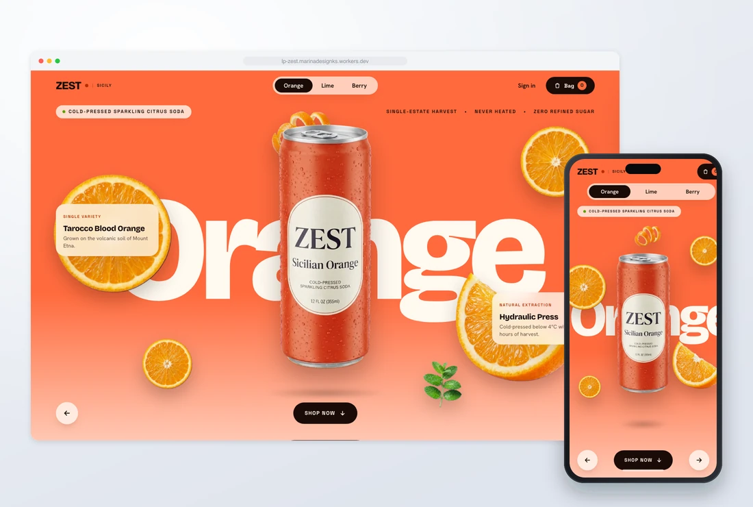 ZEST Cold-Pressed Sparkling Citrus Soda Landing Page